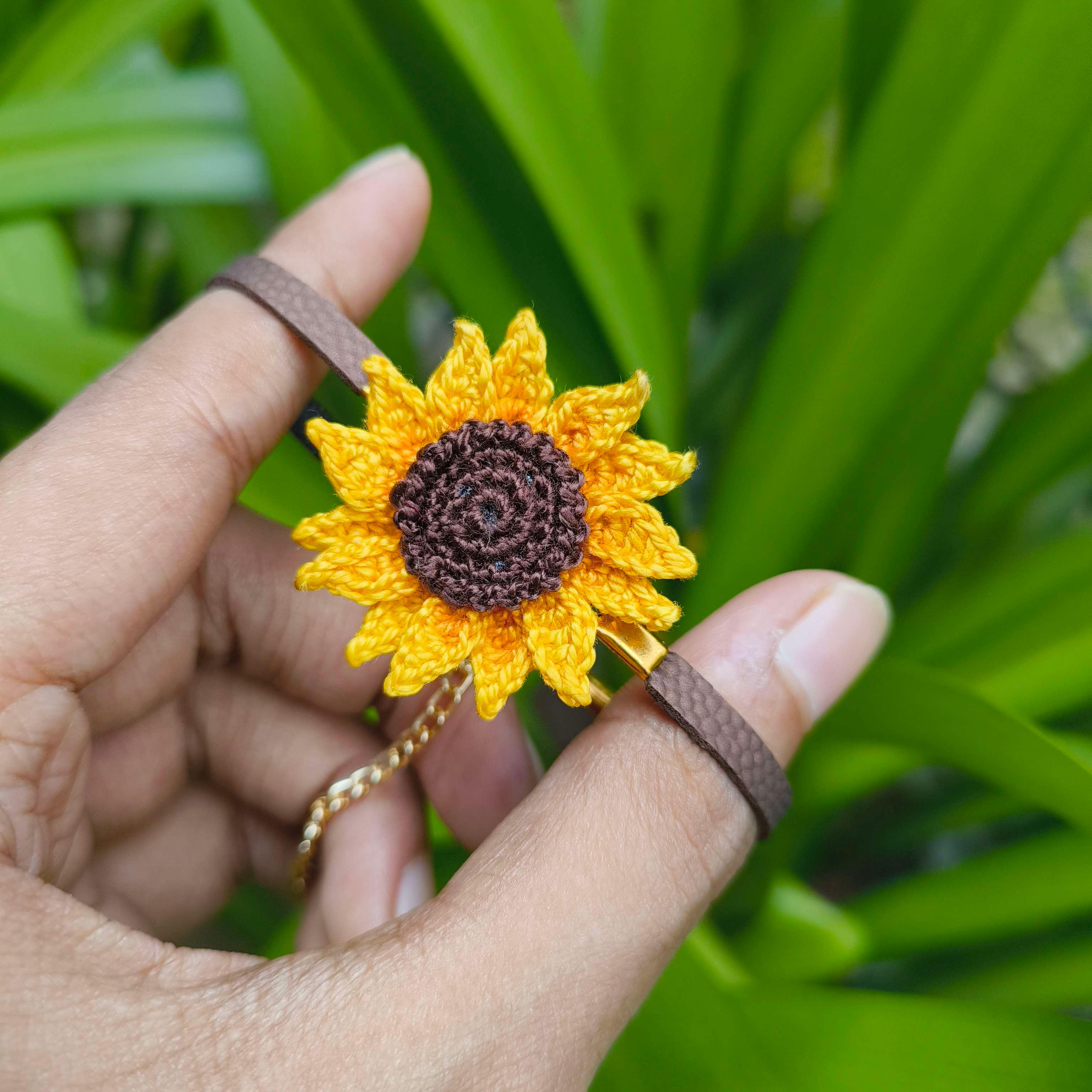 Sunflower bracelet with thin leather (synthetic) straps - Image 1